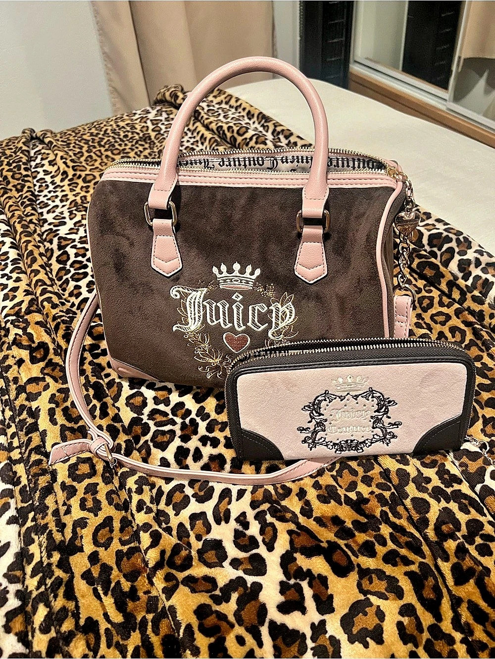 Juicy Couture Heritage Velour Bowler Satchel and Wallet Set Brown & Pink
